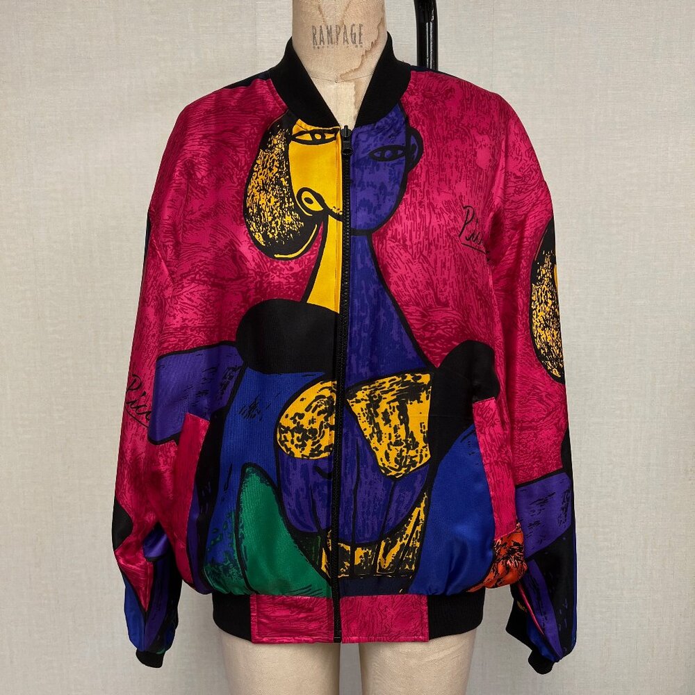 EUC Vintage 1980s Reversible Picasso Satin Bomber Jacket Medium Large